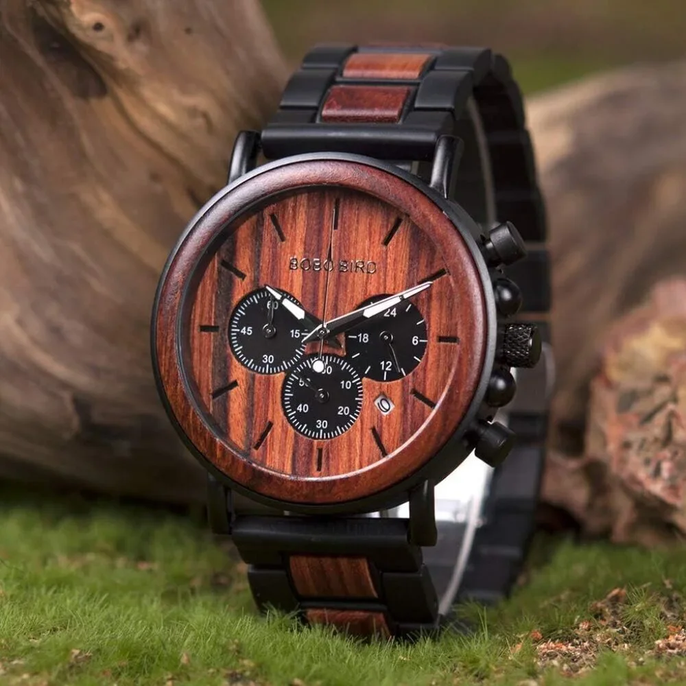 Men's Red Wood Stainless Steel Combined Chronograph Military Quartz Watches